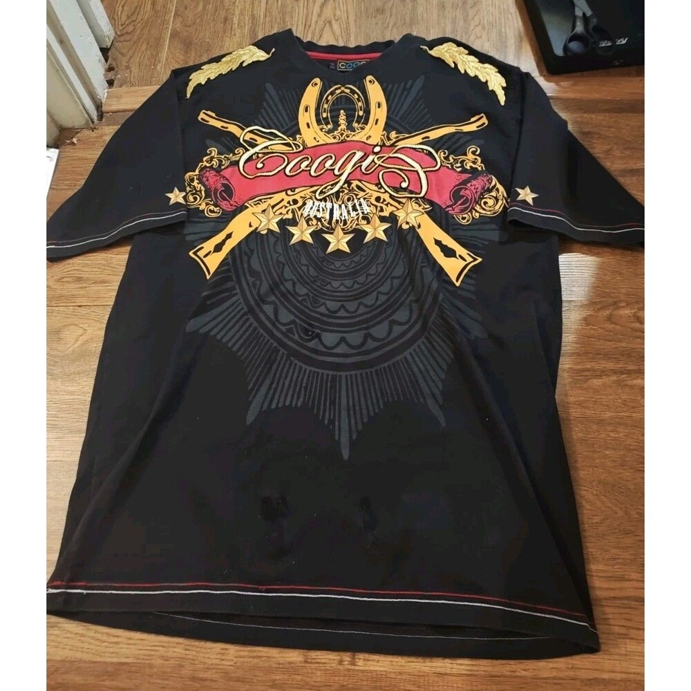 Y2K COOGI Embroidered Black Gold Short Sleeve Shirt Mens Size XL Cotton